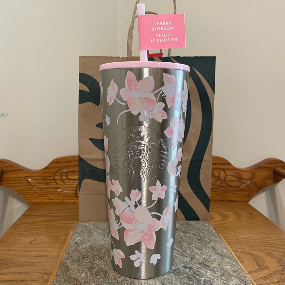 New Starbucks 2024 Pink Floating Cherry Blossom Silver Stainless Steel Tumbler